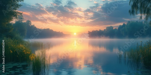 Wallpaper Mural Beautiful sunrise over calm lake with mist and reflections in the early morning sky Torontodigital.ca