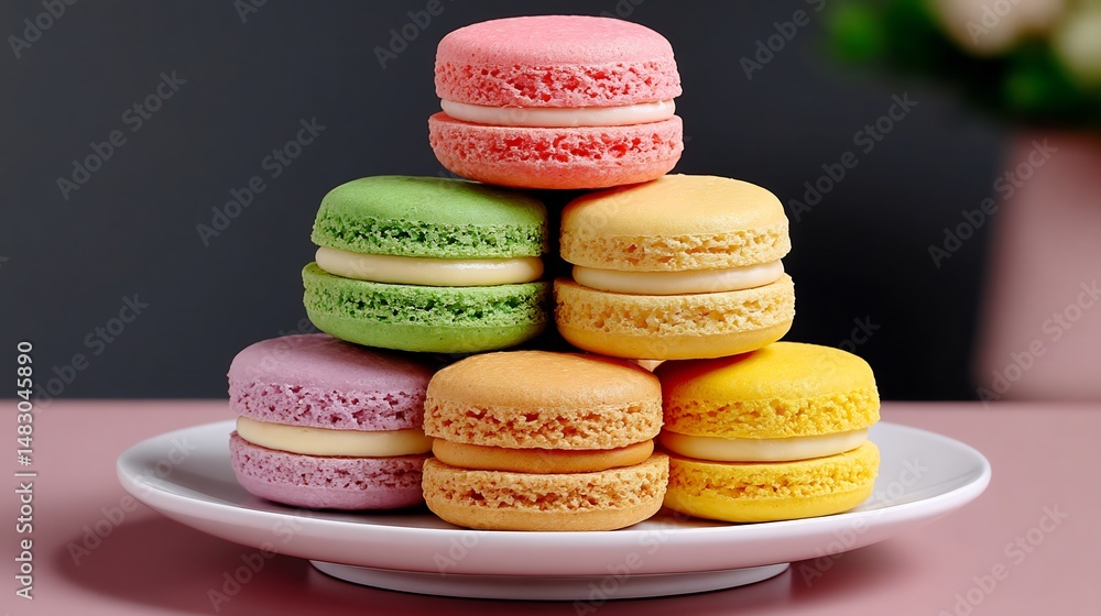 Fototapeta premium Colorful Macarons Pyramid on Pink Table.
