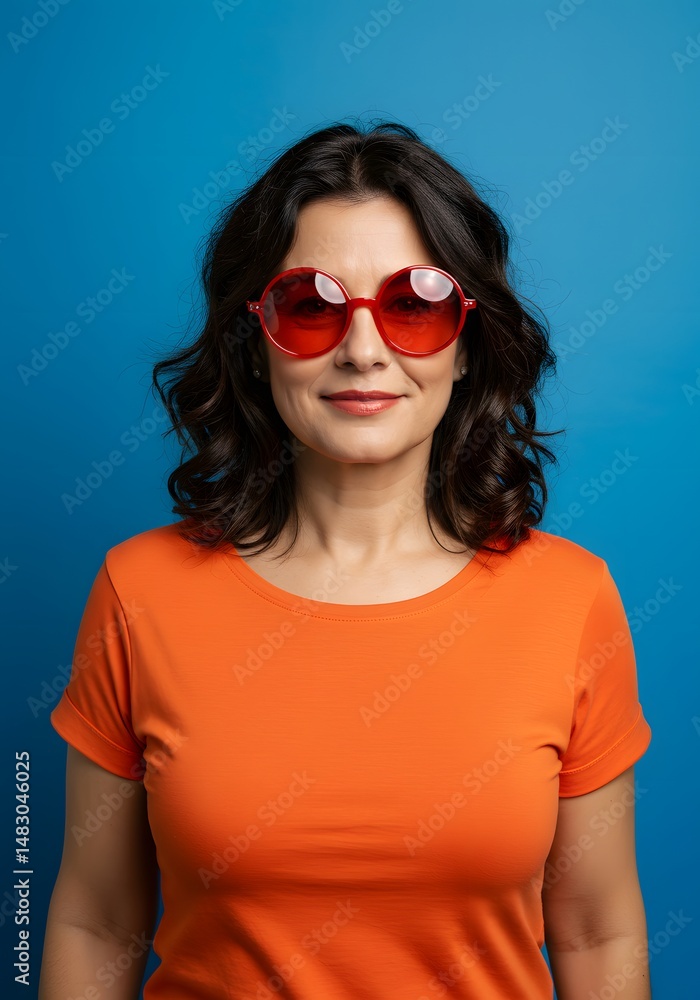 Woman with red sunglasses and orange shirt against blue background, happy portrait. Woman with red sunglasses and orange shirt against blue background, happy portrait.