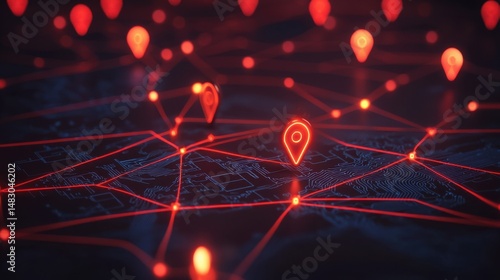 Red Location Pins Connected by Network Lines on Dark Background