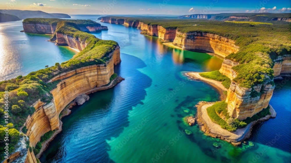 Aerial View of a Stunning Coastal Landscape with Lush Green Vegetation and Dramatic Sandstone Cliffs Forming Inlets and Bays Aerial View of a Stunning Coastal Landscape with Lush Green Vegetation and Dramatic Sandstone Cliffs Forming Inlets and Bays
