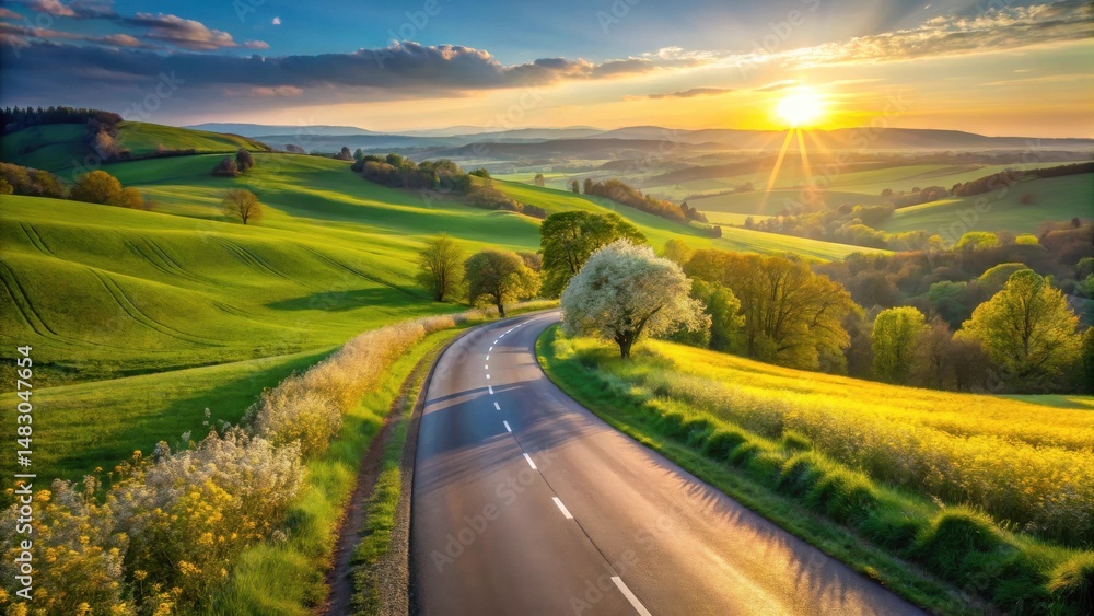 Fototapeta premium Serene Country Road Winding Through Verdant Hills at Sunset, Bathed in Golden Light