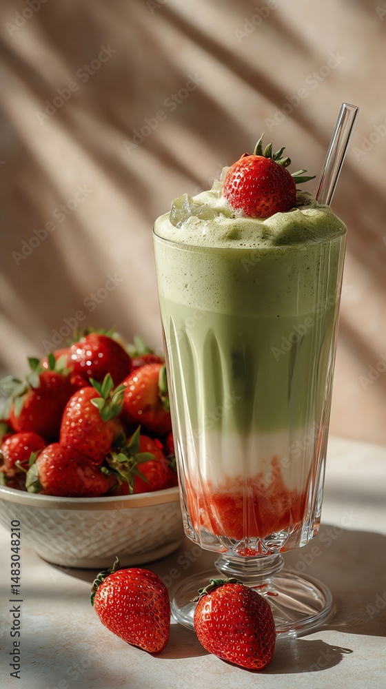 Vibrant photorealistic matcha strawberry iced latte in elegant sculpted glass with fresh strawberries, creamy layers, and warm natural studio light. Vibrant photorealistic matcha strawberry iced latte in elegant sculpted glass with fresh strawberries, creamy layers, and warm natural studio light.