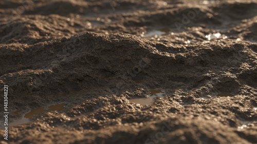 Close Up View of Wet Mud Texture Showing Detailed Surface and Brownish Color with Water Puddles