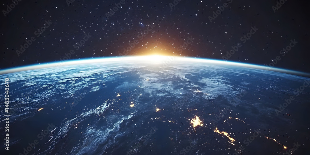 Fototapeta premium Stunning Sunrise Over Earth From Space Dark Blue Atmosphere