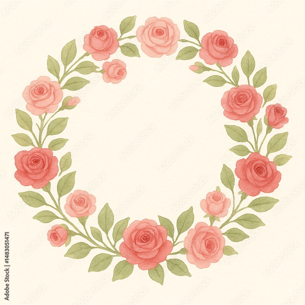 Watercolor rose wreath with green leaves
Watercolor rose wreath with green leaves