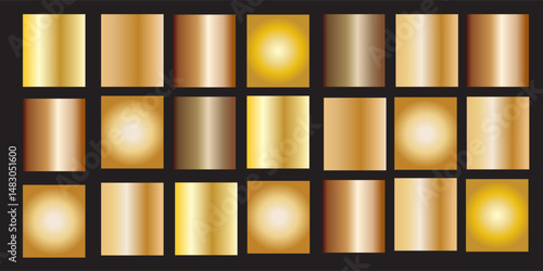 Gold rose, silver, bronze, copper and golden foil texture gradation background set. Vector shiny and metalic gradient collection for border, frame, ribbon, label design. Eps 10.