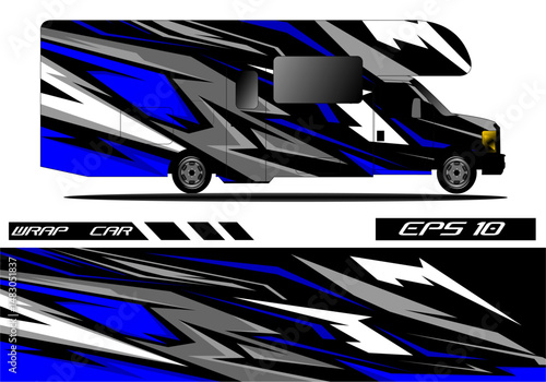 Stylish blue and black vehicle wrap design for RV