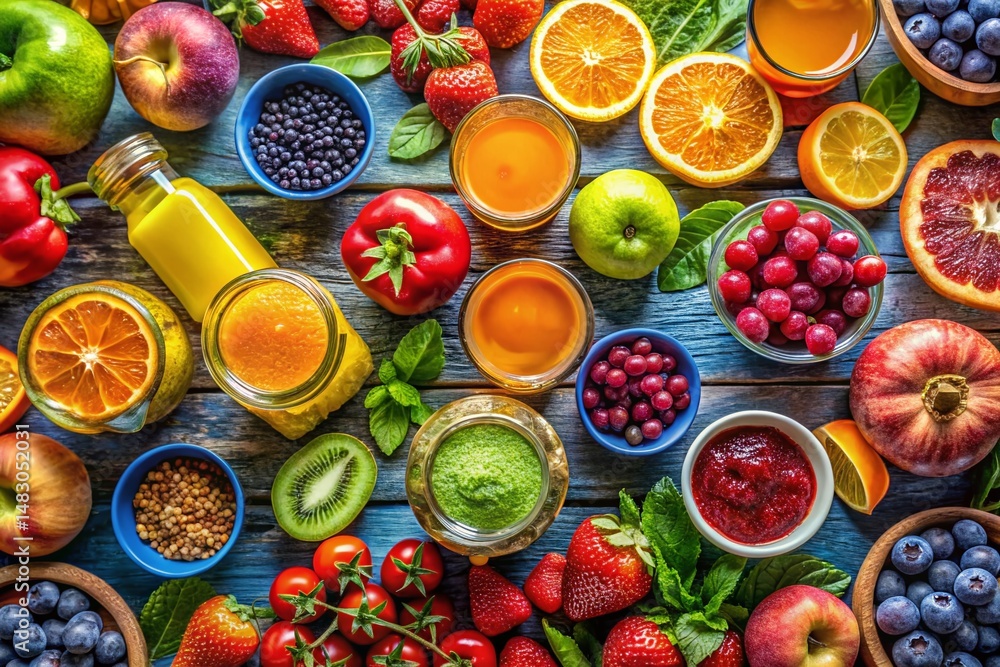 Aerial View of Fresh Seasonal Fruits, Juices, and Superfoods Aerial View of Fresh Seasonal Fruits, Juices, and Superfoods