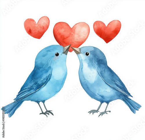 Two blue birds kissing with red heart-shaped clipart, on a white background, in a watercolor Valentine's Day theme.