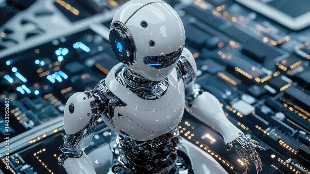 Fototapeta premium Modern robot situated atop intricate circuit board.