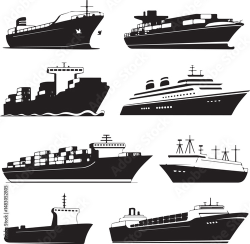 Sailing Ship on Ocean Waves Silhouette

Vintage Pirate Ship Vector Design

Modern Cargo Ship Silhouette Art

Navy Warship at Sea Silhouette Scene

Cruise Ship Under Sunset Vector