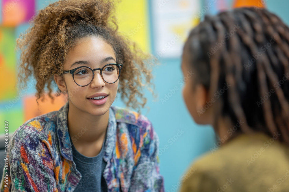 Young girl with glasses talking to a young woman. Young girl with glasses talking to a young woman.