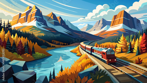 Banff National Park Bow river autumn landscape. Alberta, Canada. Freight train at Morant's Curve railway. Canadian Rockies beautiful natural scenery.