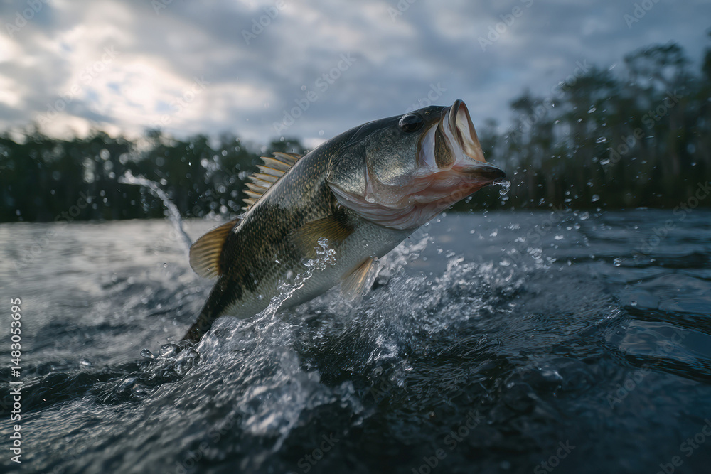 Fototapeta premium Largemouth bass swimming in a lake slow-moving river with submerged forest backdrop, soft diffused lighting, green and blue-green color palette - AI-Generated