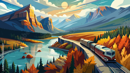 Banff National Park Bow river autumn landscape. Alberta, Canada. Freight train at Morant's Curve railway. Canadian Rockies beautiful natural scenery.