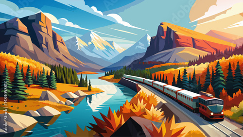 Banff National Park Bow river autumn landscape. Alberta, Canada. Freight train at Morant's Curve railway. Canadian Rockies beautiful natural scenery.