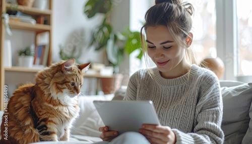 Young woman sitting on sofa using tablet while petting fluffy orange cat indoors in cozy living room with plants and natural light
