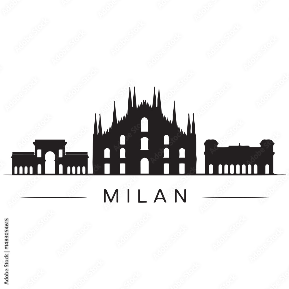 Obraz premium Milan City skyline horizontal banner. Black and white silhouette of Milan City, Italy. Vector template for your design. Vector black silhouette. with white background
