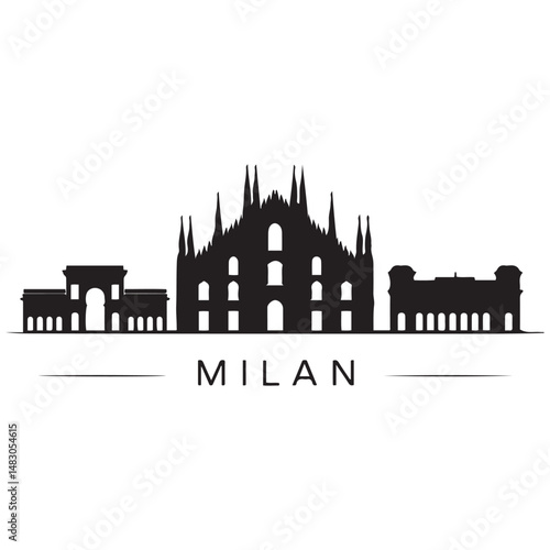 Milan City skyline horizontal banner. Black and white silhouette of Milan City, Italy. Vector template for your design. Vector black silhouette. with white background