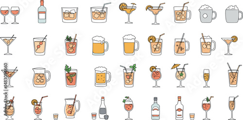 Drinks Line Editable Icons set. Vector illustration in modern thin line style of beverages related icons: beer, wine, cocktail, and more. 