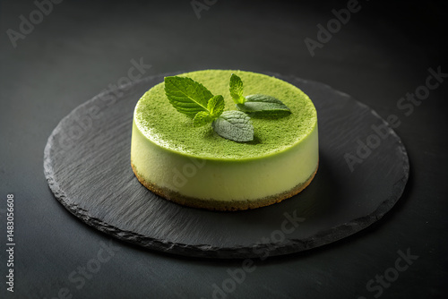 Matcha Green Tea Cheesecake Topped with Fresh Mint on Slate Plate
