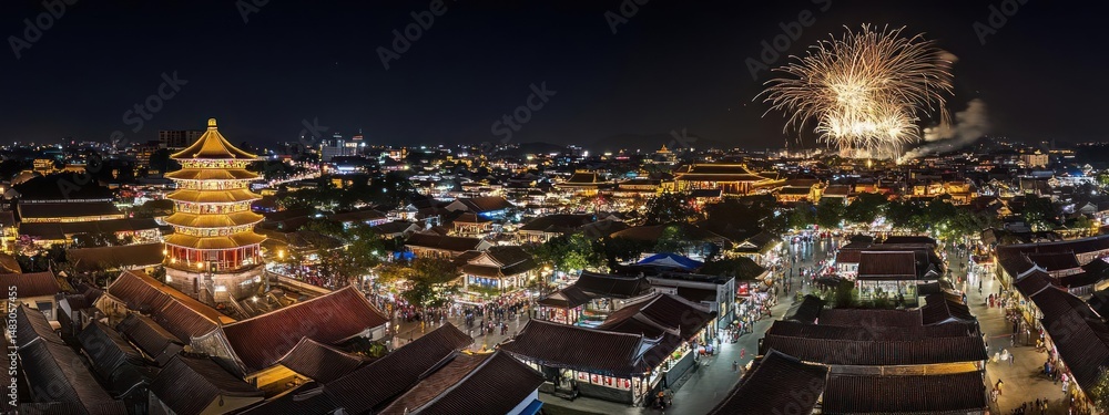 Obraz premium Fireworks illuminate a vibrant cityscape at night.
