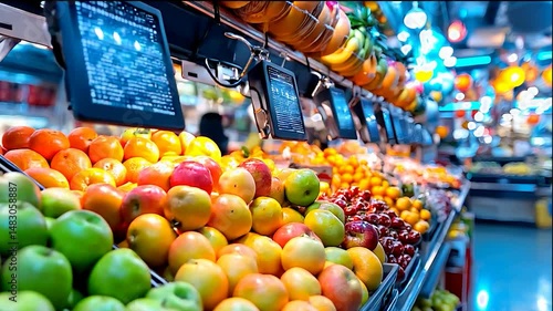 A fruit stand with a variety of fruits including apples, oranges, and cherries. The apples are displayed in a row and the oranges are in a pile. The cherries are also on display