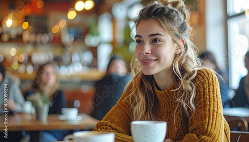 Young woman with long hair sitting in cozy café, enjoying coffee, smiling and looking out with warm atmosphere and blurred friends in background
