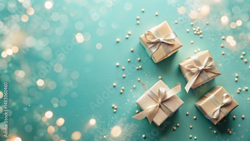 Wallpaper Mural Elegant Gold Gifts on Festive Teal Background with Sparkling Lights and Confetti Torontodigital.ca