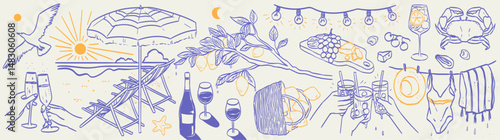 Italian summer vacation doodle style illustrations. Vector ink hand drawn Italy coast sea, lemons, wine and food elements. Sea weekend evening rest prints for invitation card to beach party or picnic.