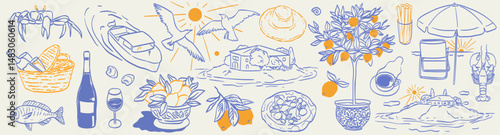 Italian Amalfi summer vacation doodle style illustrations. Vector ink hand drawn Italy coast sea, lemons, wine and food elements. Sea weekend rest prints for invitation card to beach party or picnic.