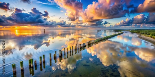 Aerial View: Wadden Sea, Wierum, Friesland, Netherlands – Wooden Posts & Cloud Reflections