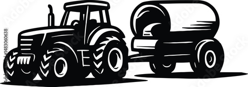 Black and white vector illustration of a tractor pulling a large cylindrical tank trailer, representing essential agricultural or industrial equipment for liquid transport and farm operations