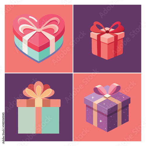 Bright and Colorful Party Gift Boxes with Bows and Celebration Sparks, Vibrant vector gift box illustrations with bright ribbons, bows, and festive sparkles. Perfect for birthday parties