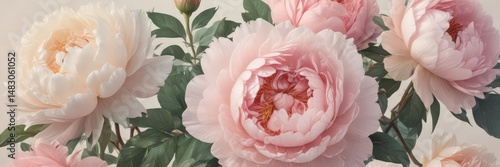 Delicate watercolor peonies & roses, vintage aesthetic  , soft, cream