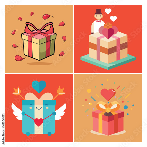 Playful Cartoon Gift Boxes with Cute Faces and Heart Decorations, Fun and colorful cartoon-style gift boxes with expressive smiling faces and heart decorations