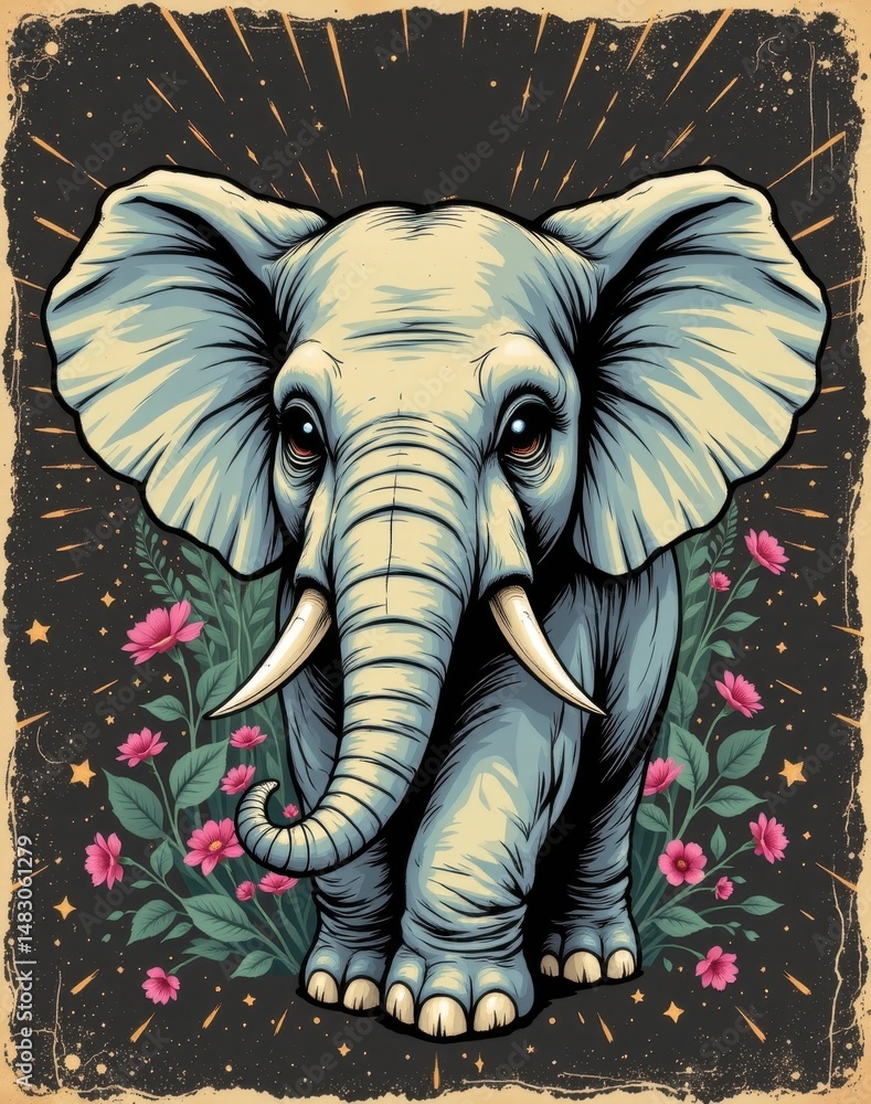 Obraz premium a vintage comic book inspired elephant with thick black outlines and expressive eyes