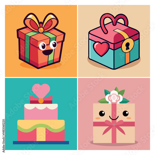 Heart-Shaped Gift Boxes with Cute Faces and Colorful Ribbons | Valentine Vector Art, Adorable vector illustrations of heart-shaped gift boxes with smiling faces and colorful ribbons