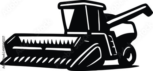 Black and white vector illustration of a combine harvester, showcasing a key piece of agricultural machinery used for harvesting crops efficiently, depicted in a bold, stylized design