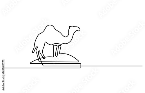 Continuous line drawing of camel. Single line illustration of arabian camel. Dessert animal, dromedary vector outline. Editable outline