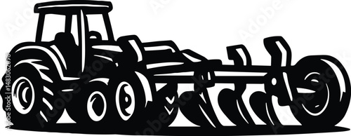Black and white vector illustration of a tractor attached to a wide farming plow, designed for soil tilling and preparation, highlighting essential agricultural equipment in a clean, detailed style