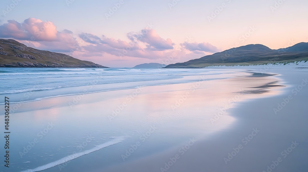 Fototapeta premium Gentle waves lapping onto a smooth sandy beach during soft evening light