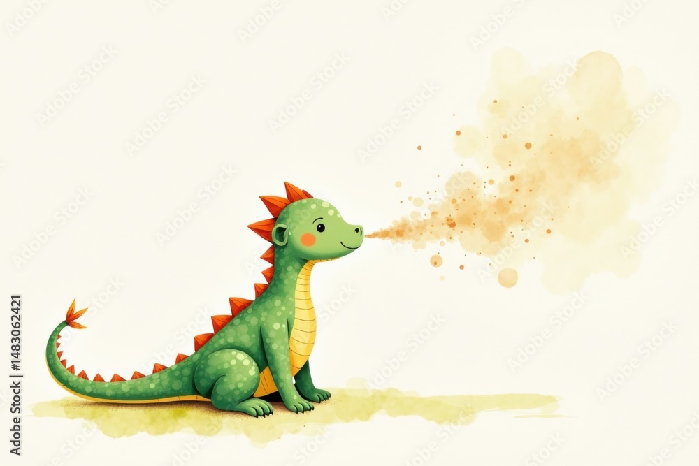 Obraz premium A cute green dragon breathes fire, sitting happily on the ground with a whimsical, playful expression.