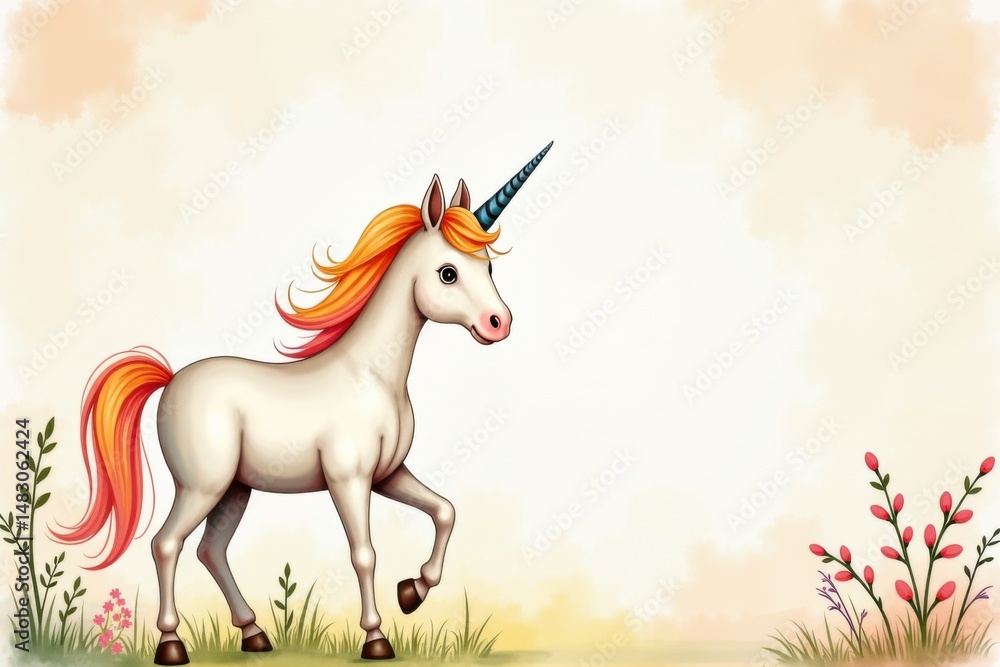 Fototapeta premium A colorful unicorn with a rainbow mane stands gracefully in a whimsical, floral meadow with a soft pastel background.