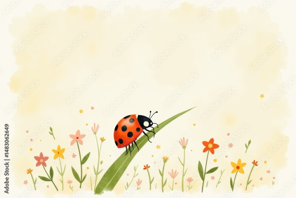 A cute ladybug on a green leaf surrounded by colorful wildflowers, set against a soft, pastel background. A cute ladybug on a green leaf surrounded by colorful wildflowers, set against a soft, pastel background.