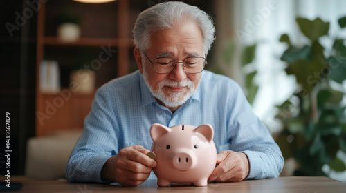 Elderly Man Smiling While Inserting Coin into Pink Piggy Bank on Wooden Table in Cozy Room