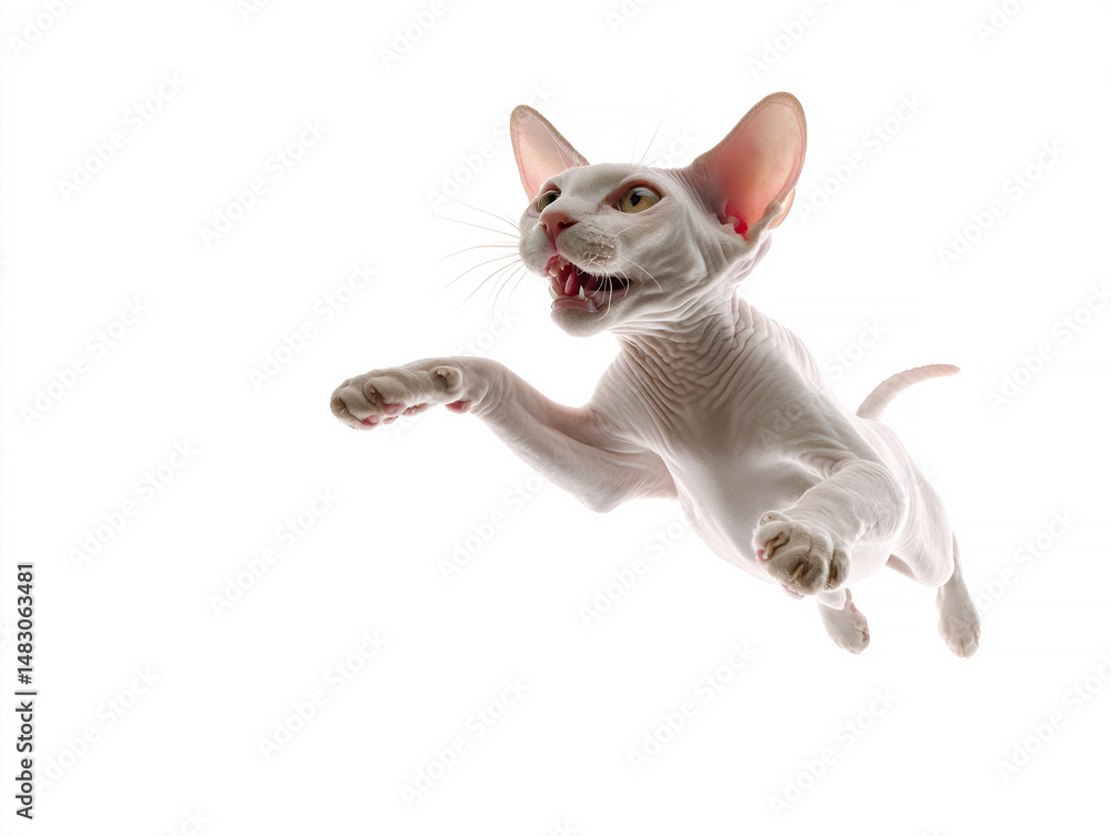 Obraz premium A Sphynx cat, bald with pinkish skin, mid-air flight pose, open mouth yawnhowl, wide eyes looking upwards, studio lighting, shallow depth of field - AI-Generated