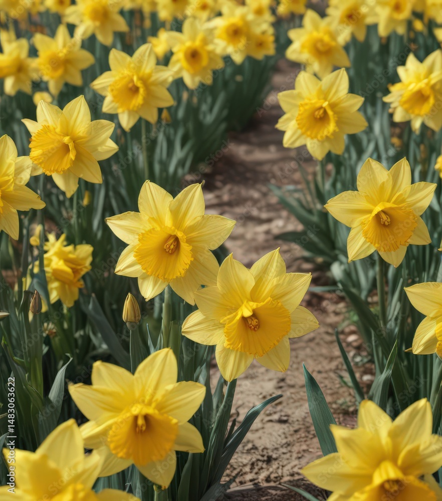 Fototapeta premium Close-up of many daffodil blossoms, sunny yellow petals , detail, flower