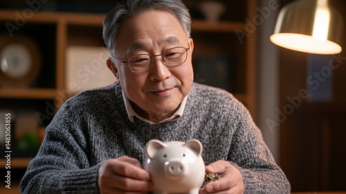 Elderly Man Enjoying Quiet Moment with Piggy Bank in Cozy Room During Evening Light